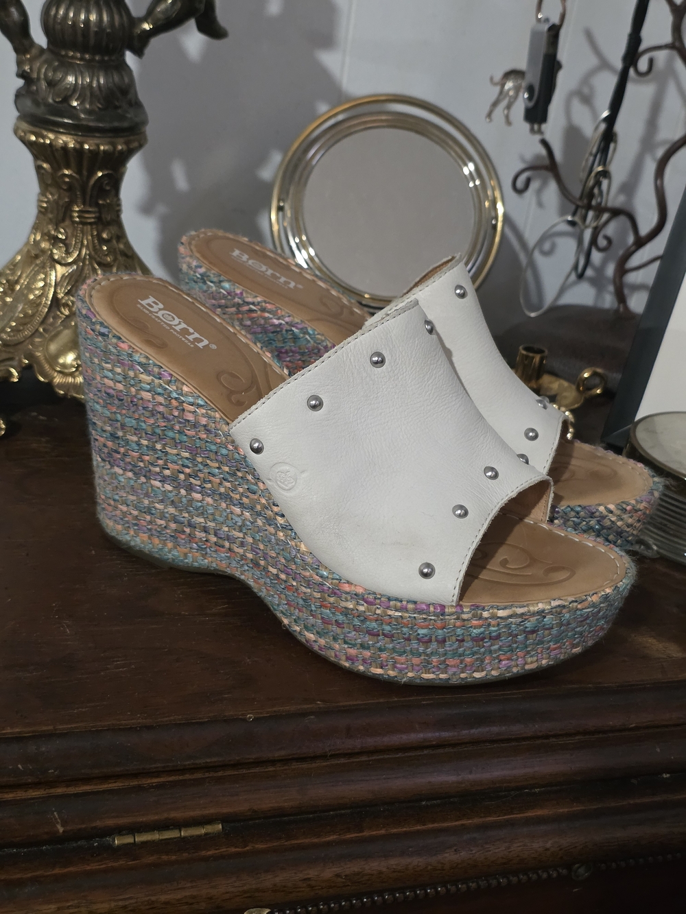 Born White Leather Multicolor Wedge Sandals